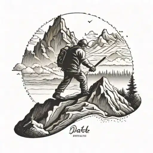 A dotwork tattoo of a carpenter carving a mountain range with hip hop lyrics as the landscape tattoo design idea