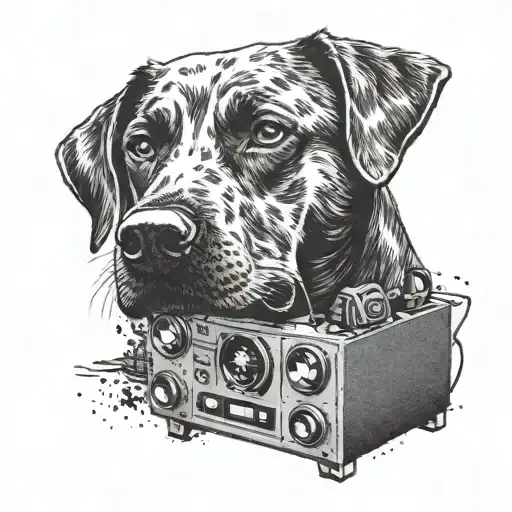A dotwork tattoo of a Labrador listening to 2Pac on a boombox by the sea tattoo design idea