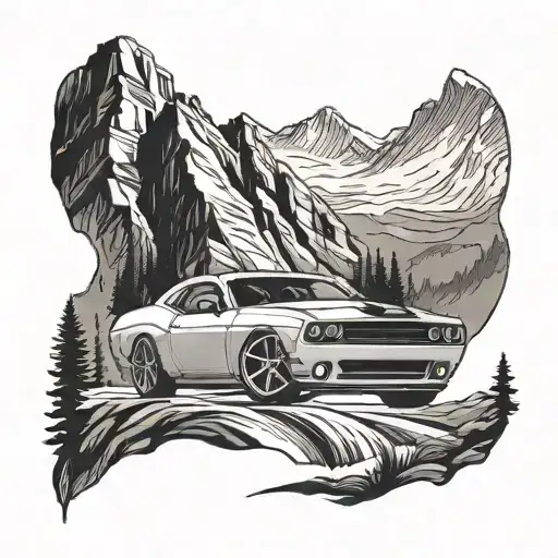 A blackwork tattoo of a dodge challenger racing through the mountains tattoo design idea