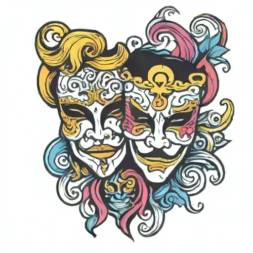 comedy and tragedy mask psychedelic   tattoo design idea