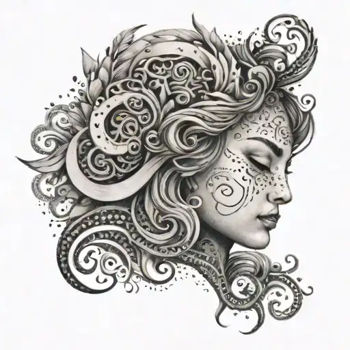 A dotwork tattoo of a serene face surrounded by swirling patterns representing the inner turmoil of anxiety tattoo design idea