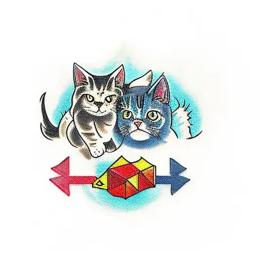 A family of cats playing a video game together in a tranquil setting tattoo design idea