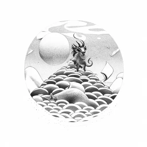 A mythical creature from roleplay gaming surrounded by a serene beach landscape tattoo design idea