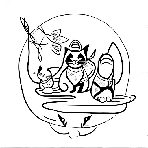 A family of cats playing a video game together in a tranquil setting tattoo design idea