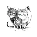 A family of cats playing a video game together in a tranquil setting tattoo design idea