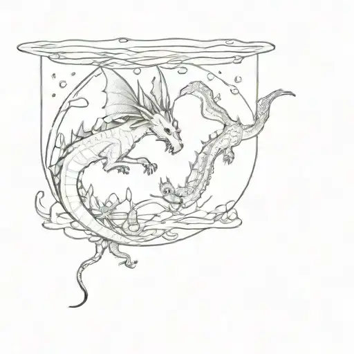 An anime-inspired underwater scene with a dragon and cat diving together tattoo design idea