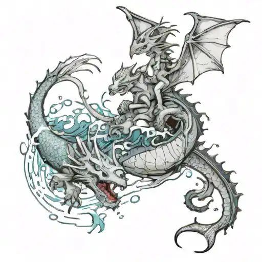 An anime-inspired underwater scene with a dragon and cat diving together tattoo design idea
