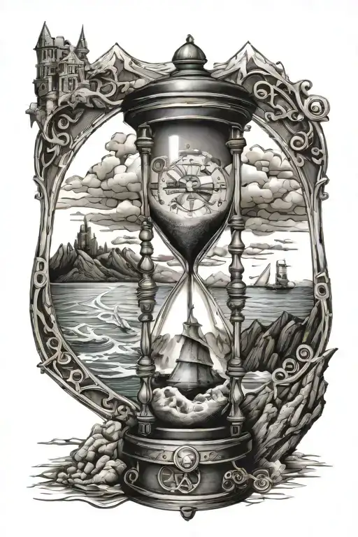 steampunk hourglass with ocean and mountains inside glass  tattoo design idea