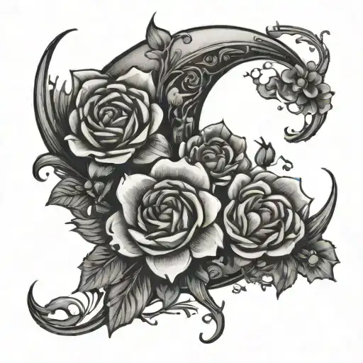  crescent moon with flowers blooming tattoo design idea