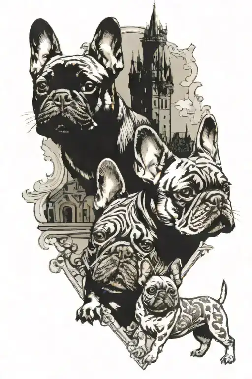 castle with 2 French bulldogs outside tattoo design idea