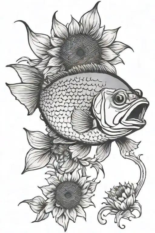 bass fish and sunflower  tattoo design idea