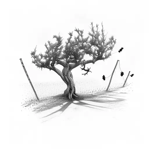 Tree in a farm with a wire fence in front of it and a horse tattoo design idea