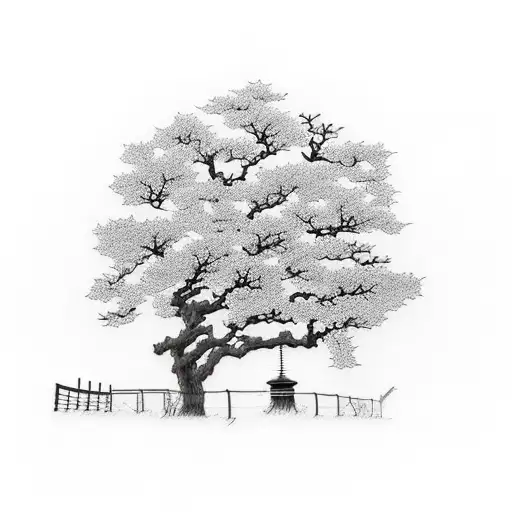 Tree in a farm with a wire fence in front of it and a horse tattoo design idea