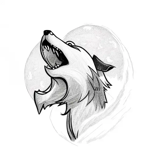 A dog howling at the moon in a nature setting with thunderbolts in the background tattoo design idea
