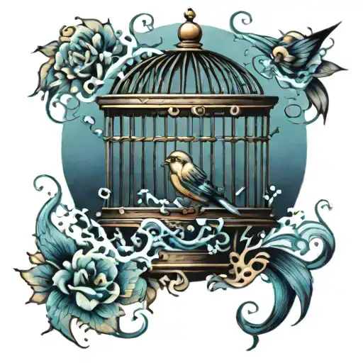 bird cage sinking underwater tattoo design idea
