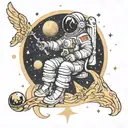 astronaut sitting on moon reaching for the stars with angels flying around him  tattoo design idea