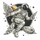 astronaut sitting on moon reaching for the stars with angels flying around him  tattoo design idea