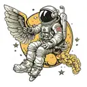 astronaut sitting on moon reaching for the stars with angels flying around him  tattoo design idea