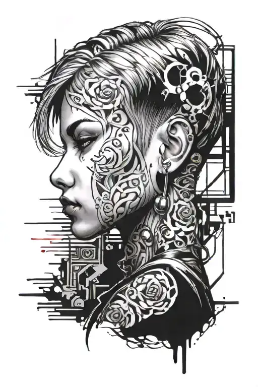 girl cyberpank, shaved hair side tattoo design idea