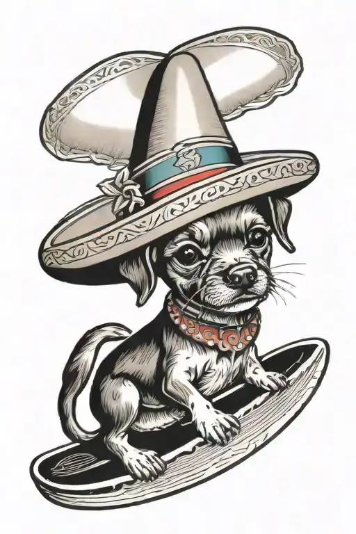 puppy surfing wearing sombrero hat tattoo design idea