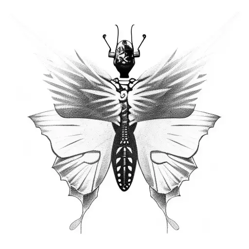 A black and grey tattoo of a punk rocker riding a butterfly through a 90s-inspired video game landscape tattoo design idea