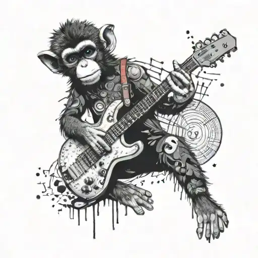 Design a dotwork tattoo of a wood monkey playing a guitar under a moonlit sky tattoo design idea