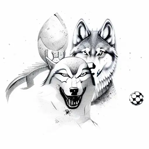 A Greek warrior playing soccer with a snow wolf tattoo design idea