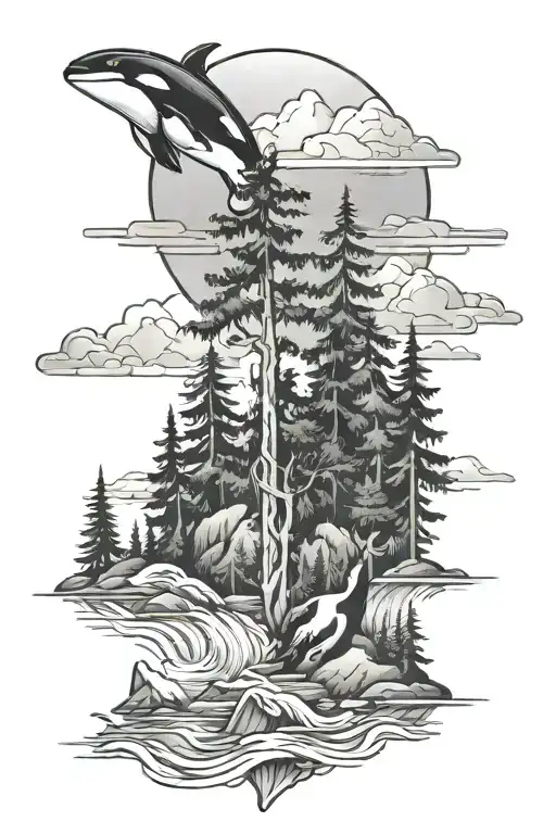 evergreen trees mountains water orcas  tattoo design idea