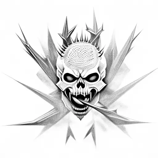 An evil skull with teeth and organic spikes on the edges tattoo design idea