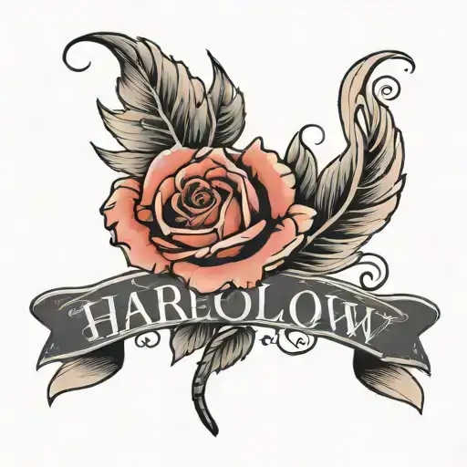 the name harlow in calligraphy with a rose in the background to the end with half of it sticking out and shadowing  tattoo design idea