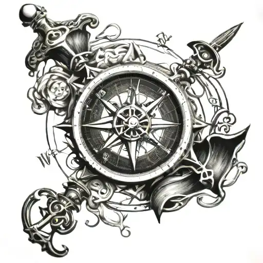 pirate compass intertwined tattoo design idea