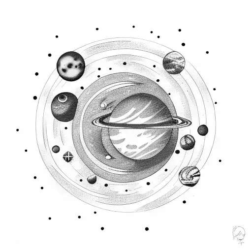 planets in space with nebula background and cosmic eyes tattoo design idea