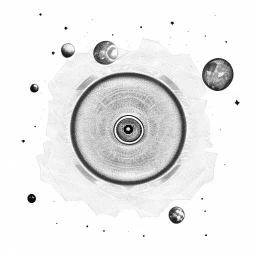 planets in space with nebula background and cosmic eyes tattoo design idea