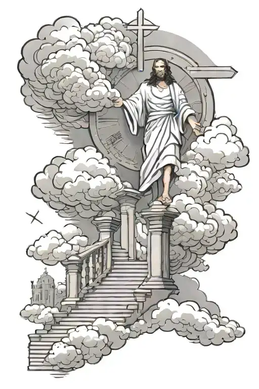 time, stair to heaven, jesus, clouds tattoo design idea