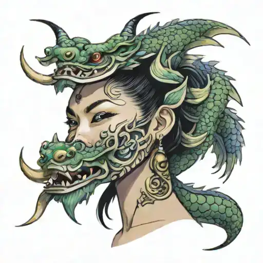 asian girl wearing lao dragon mask split in half tattoo design idea
