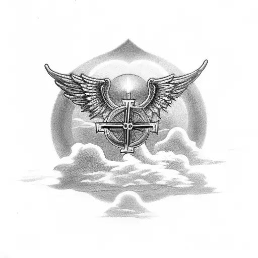 cross and wings dropping into clouds and doves with three crosses and an angel underneath shining sun rays tattoo design idea