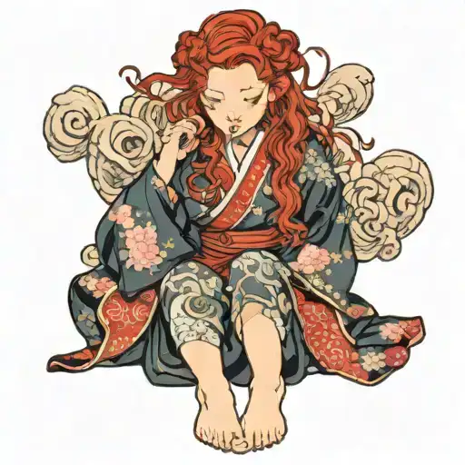 girl with curly red hair to her feet in Japanese kimono  tattoo design idea