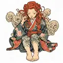 girl with curly red hair to her feet in Japanese kimono  tattoo design idea