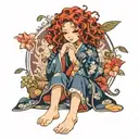 girl with curly red hair to her feet in Japanese kimono  tattoo design idea