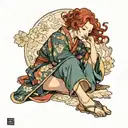 girl with curly red hair to her feet in Japanese kimono  tattoo design idea