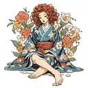 girl with curly red hair to her feet in Japanese kimono  tattoo design idea