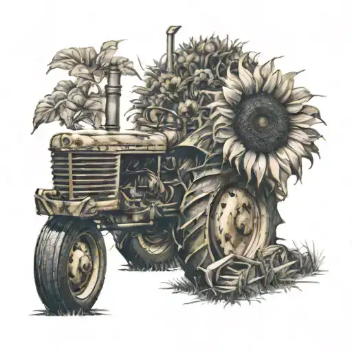 sunflower with tractor driving tattoo design idea