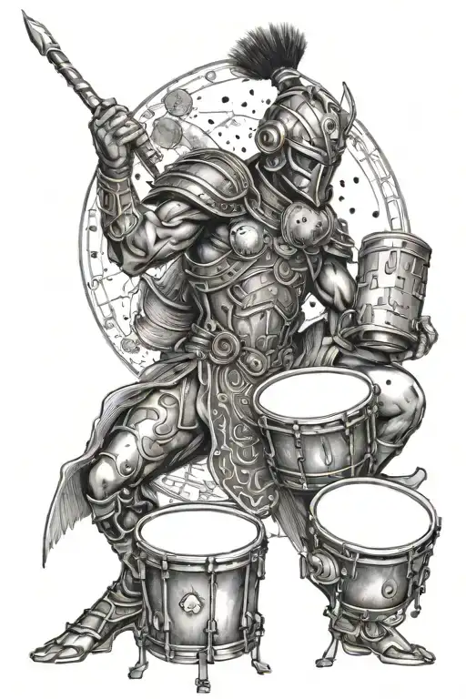 A black-grey tattoo of a warrior drummer surrounded by celestial bodies tattoo design idea
