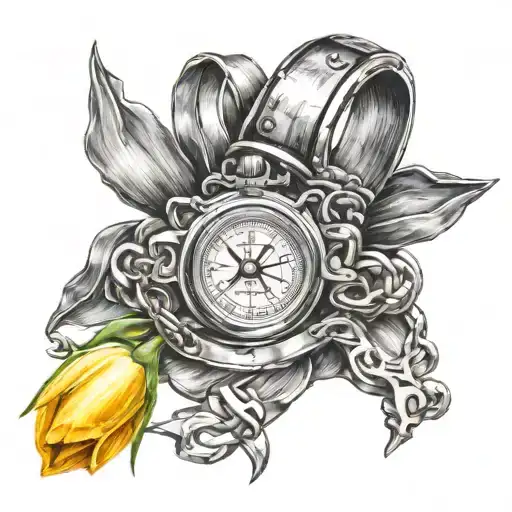 Create a realistic drawing for a tattoo with a yellow tulip, handcuffs, a compass rose, an hourglass tattoo design idea