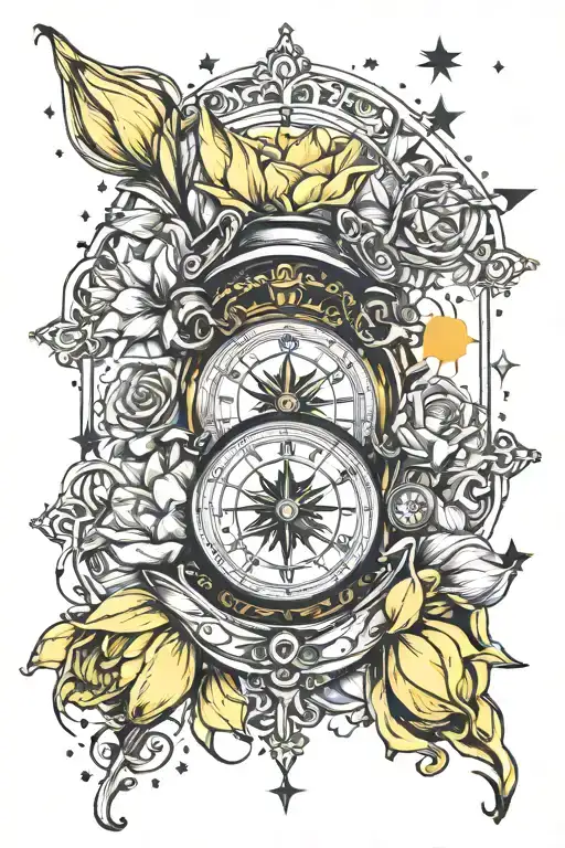 yellow tulip handcuffs a compass rose an hourglass that the background is a shower of stars in tattoo design idea