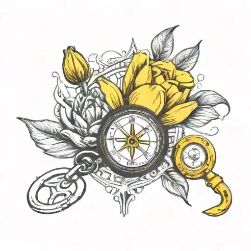 Create a realistic drawing for a tattoo with a yellow tulip, handcuffs, a compass rose, an hourglass tattoo design idea