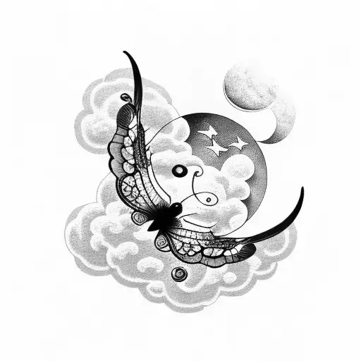 clouds, moon butterflies tattoo design idea