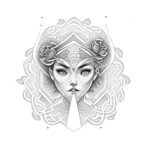 A dotwork design featuring a girl in a jiu jitsu gi with intricate patterns tattoo design idea