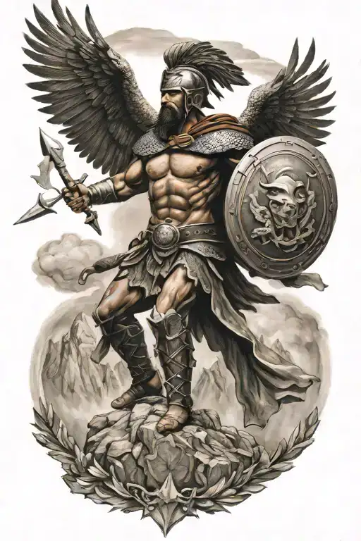 Spartan warrior with shield and eagle soaring through the sky  tattoo design idea