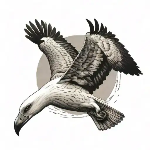 A realism tattoo design of an albatross soaring through the sky with a gym dumbbell in its talons, symbolizing strength and freedom tattoo design idea